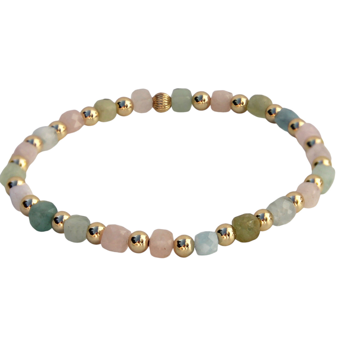 Gemstone bracelet featuring faceted beryl gemstones in soft pastel hues, paired with gold beads, designed to inspire calm, serenity, and inner peace.