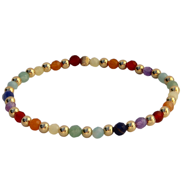 A handcrafted bracelet featuring faceted gemstones in the colors of the seven chakras, paired with gold beads, symbolizing balance, energy, and harmony.