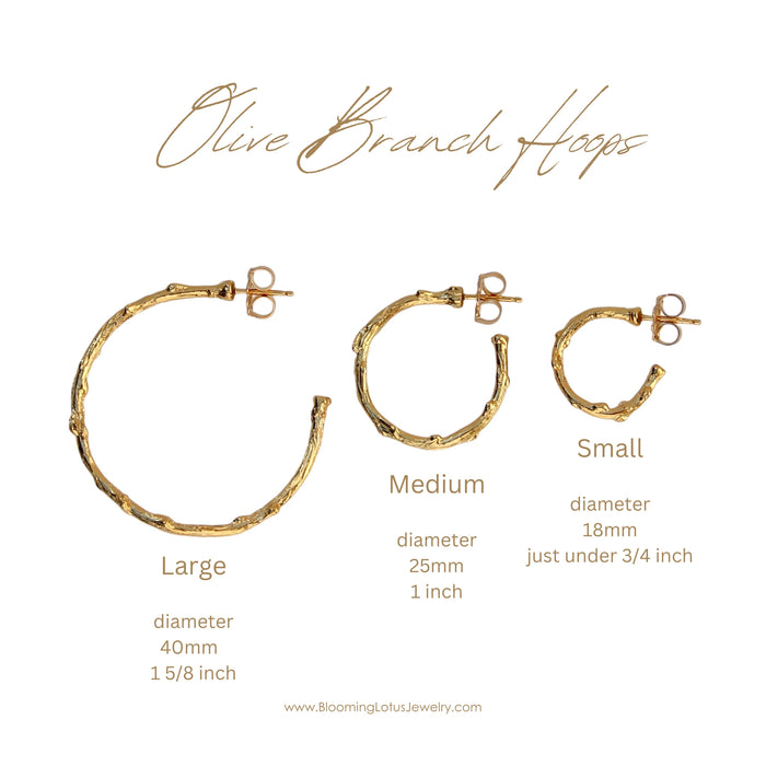 Three pairs of gold Olive Branch Hoop earrings in small, medium, and large sizes, featuring a textured, branch-inspired design. Descriptions include sizes and measurements of each hoop.