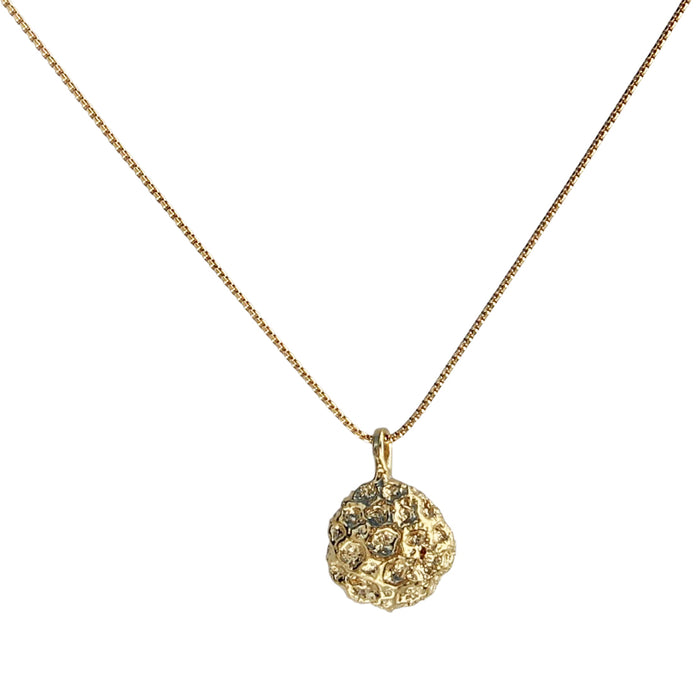 Product image of the Golden Bloom Coral necklace, featuring a textured coral pendant cast in gold, hanging from a delicate gold chain on a white background. The charm highlights the intricate details of a real piece of coral, capturing its natural beauty.