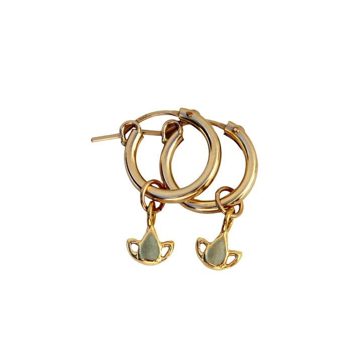 Product photo of Gold Lotus hoop earrings featuring delicate lotus-shaped charms, symbolizing new beginnings and inner strength, on a white background. 