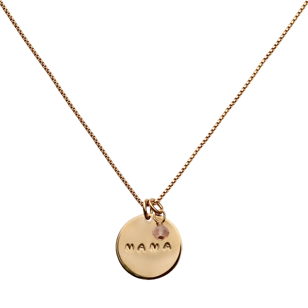 Gold Mama Necklace round coin with rose quartz gemstone on gold chain - Blooming Lotus Jewelry