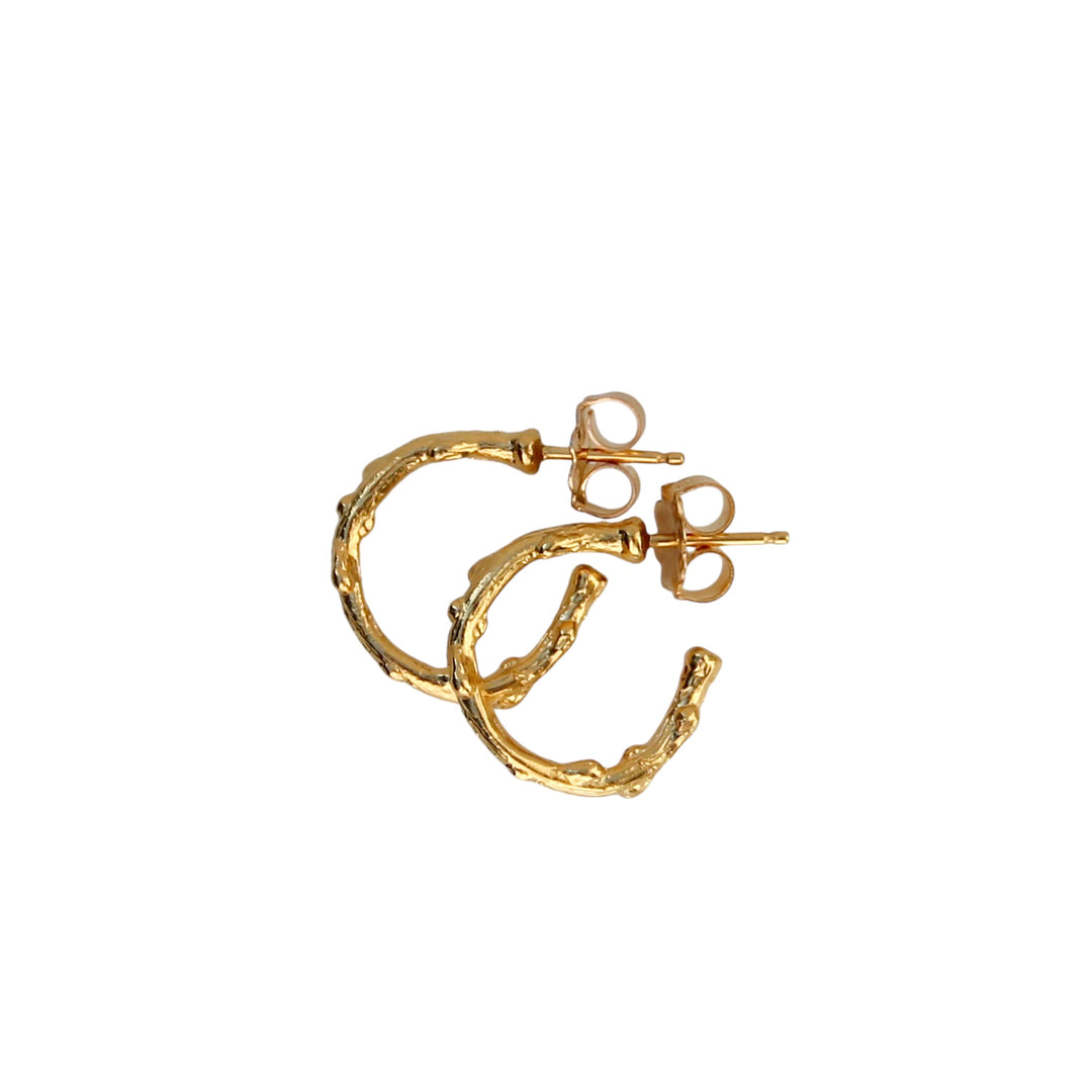 Product image of small-sized Olive Branch Hoop Earrings in gold by Blooming Lotus Jewelry, featuring a branch design inspired by nature, symbolizing peace and resilience. Perfect statement hoops for a boho-chic style.