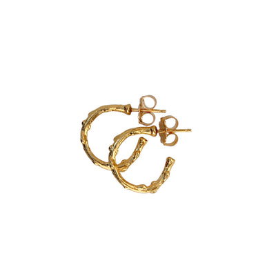 Close-up image of small-sized gold hoop earrings with a branch-inspired texture