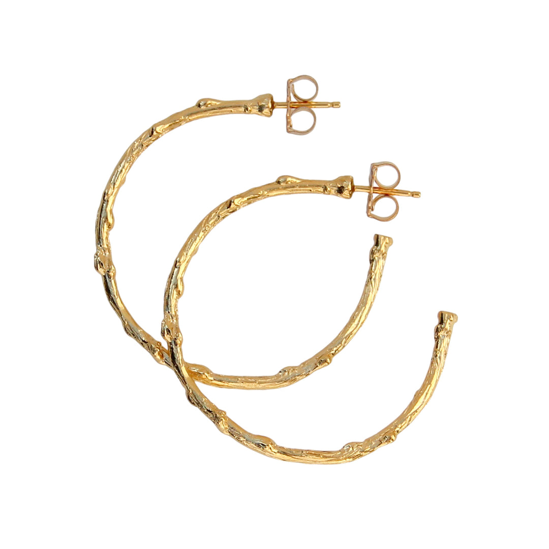 Product image of large-sized Olive Branch Hoop Earrings in gold by Blooming Lotus Jewelry, featuring a branch design inspired by nature, symbolizing peace and resilience. Perfect statement hoops for a boho-chic style.