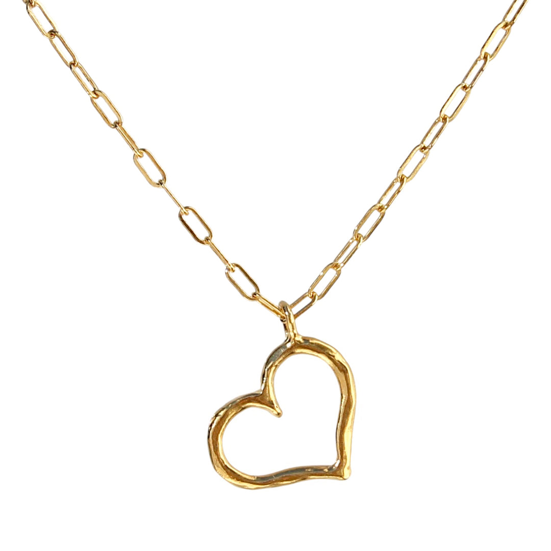 Gold Open Heart Necklace featuring a handcrafted, organic heart-shaped pendant on a gold paperclip chain, displayed against a white background.