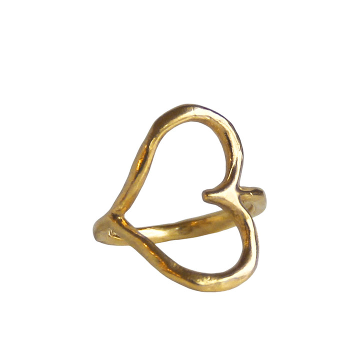 An open heart ring made of recycled solid 14k gold, featuring a freeform sideways heart design with a polished finish, symbolizing love and kindness.