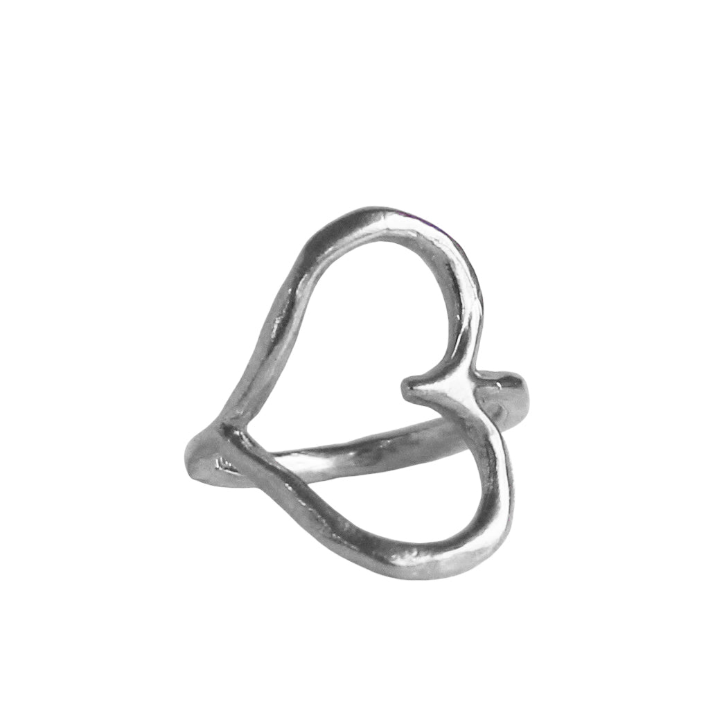 A delicate open heart ring made of recycled solid 14k gold, featuring a freeform sideways heart design with a polished finish, symbolizing love and kindness.