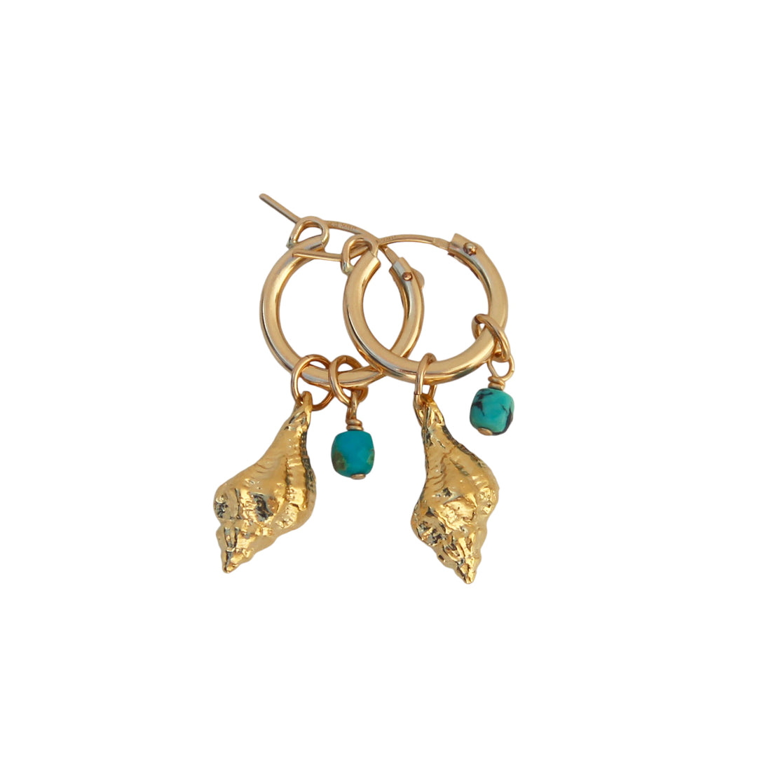 Close-up of the Sea Breeze Hoop Earrings featuring a detailed shell-shaped gold charm and Turquoise gemstone, displayed against a white background.