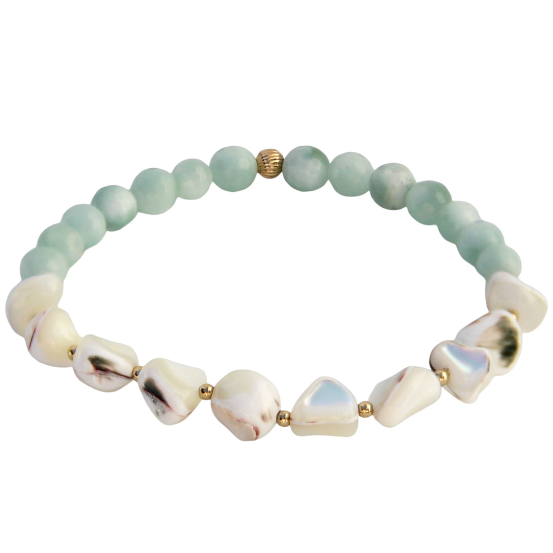 A handcrafted bracelet featuring pale blue Angelite beads paired with iridescent Mother of Pearl pieces, creating a serene and ocean-inspired design.