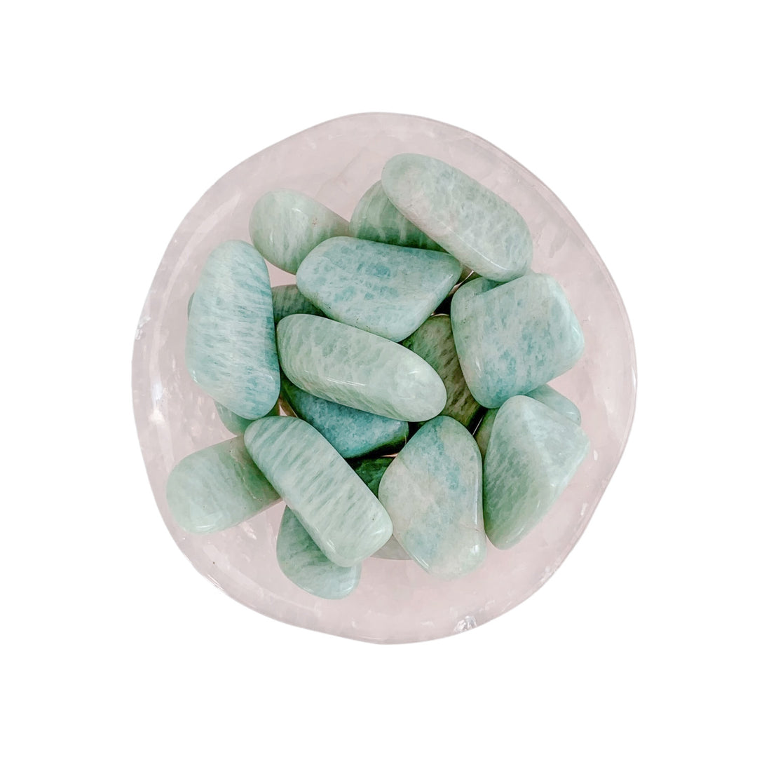 Amazonite Tumbled Gemstones in rose quartz dish - Blooming Lotus Jewelry