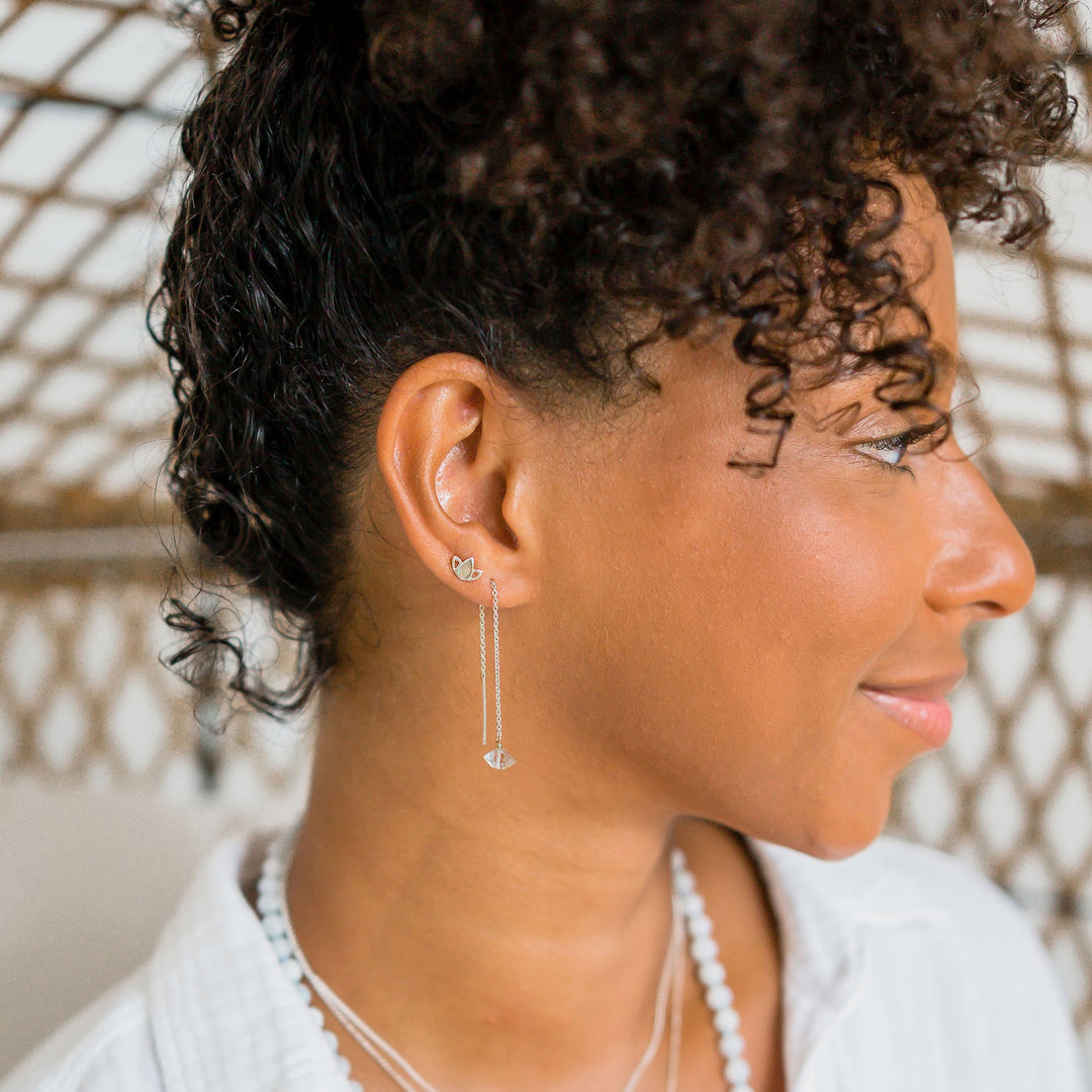 Tiny Lotus Stud Earrings silver - Herkimer Threaders - on model - Blooming Lotus Jewelry