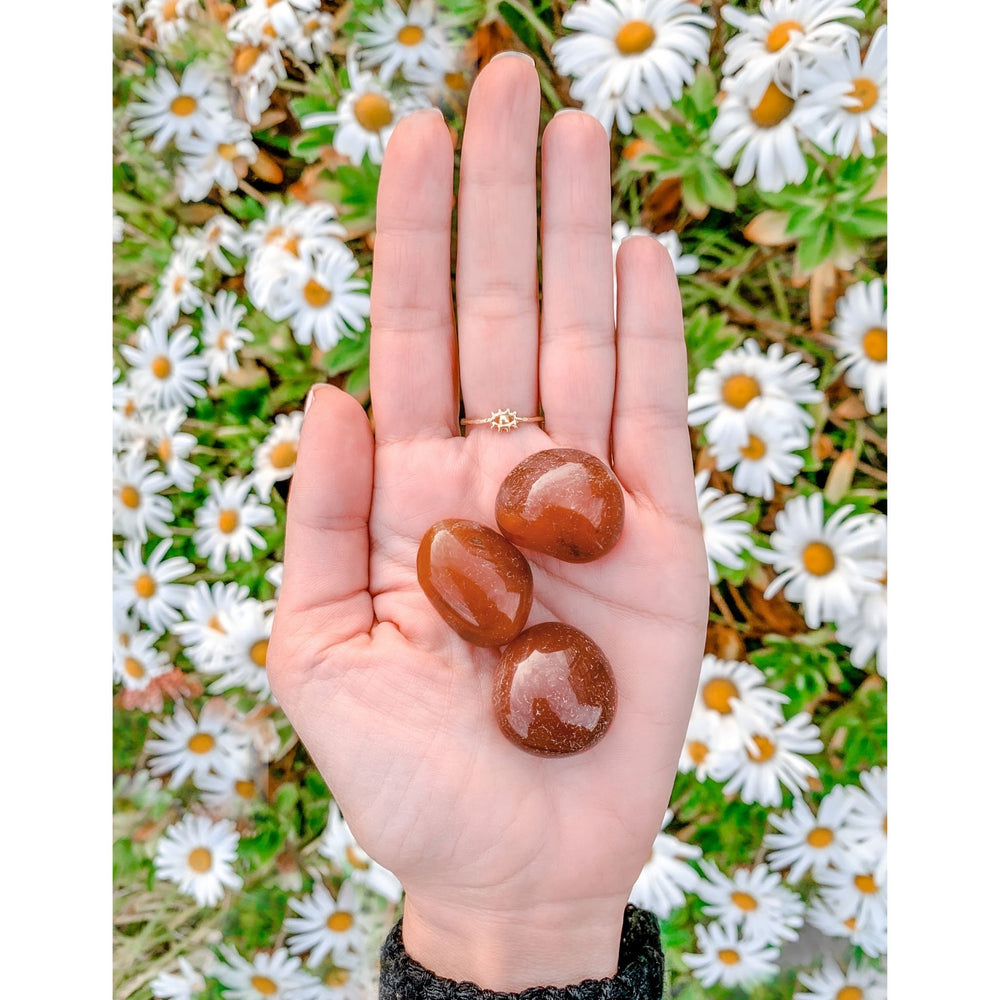 Carnelian Tumbled Gemstone Crystal in hand - Blooming Lotus Jewelry