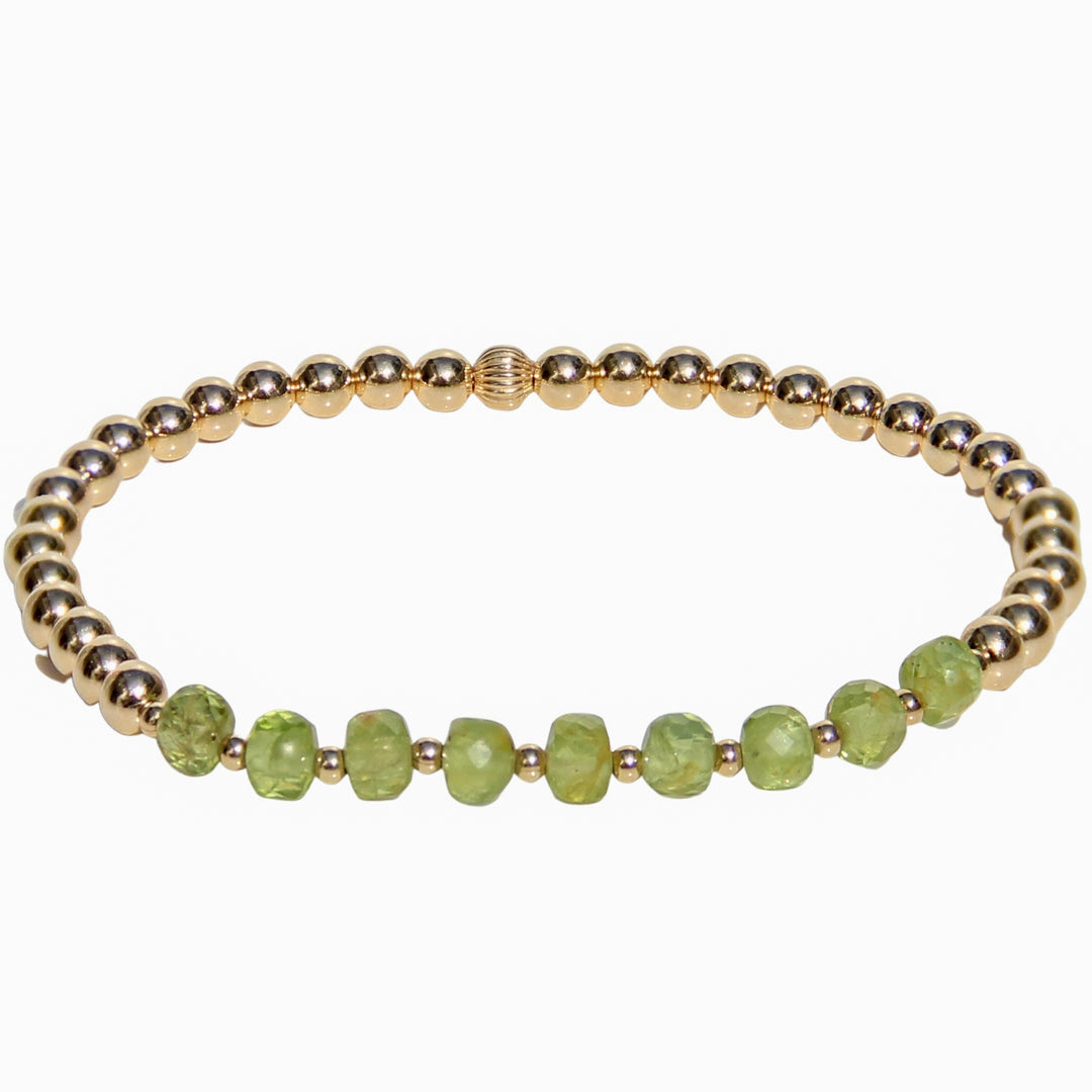 Gold Beaded Bracelet with faceted Peridot - front view - Blooming Lotus Jewelry