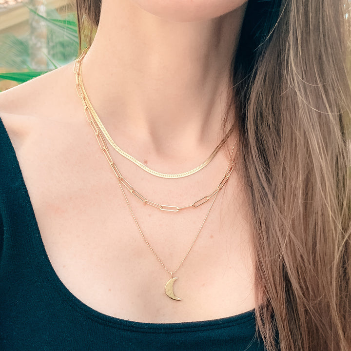 Crescent Moon Necklace - Herringbone Chain - Paperclip Chain on model - Blooming Lotus Jewelry