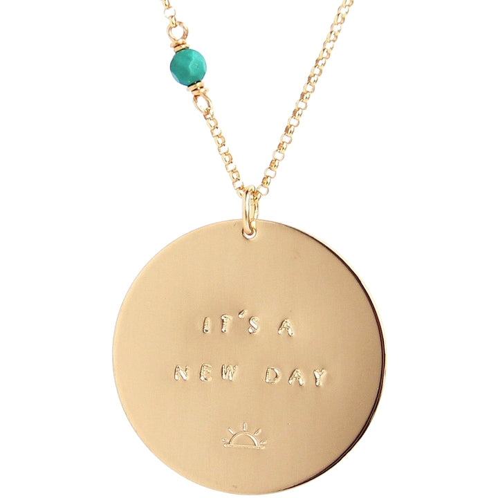 Gold Mantra Coin Disc Necklace gold - hand-stamped sunrise its a new day - Turquoise gemstone - Blooming Lotus Jewelry