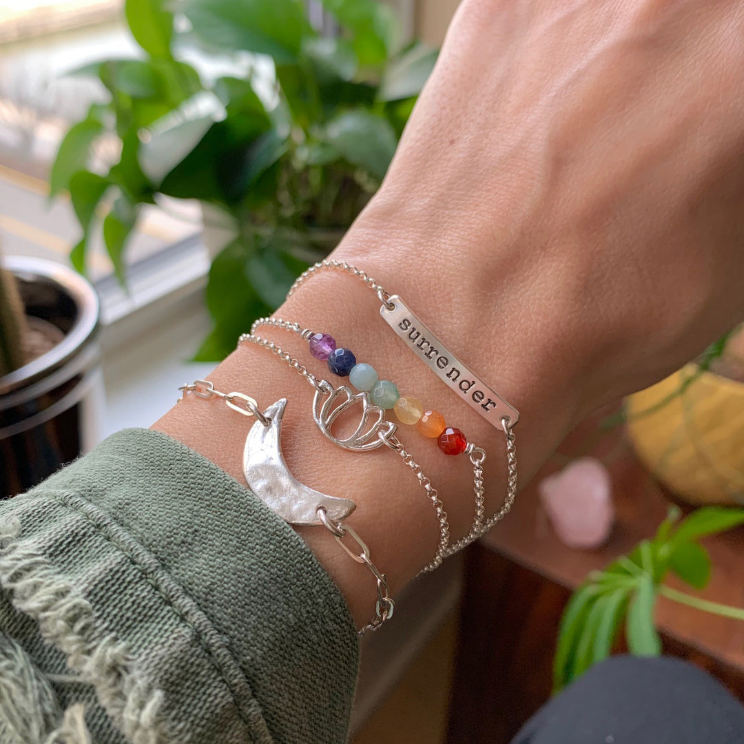 Layering Bracelet on wrist - lotus crescent moon chakra gemstones mantra bar - Blooming Lotus Jewelry