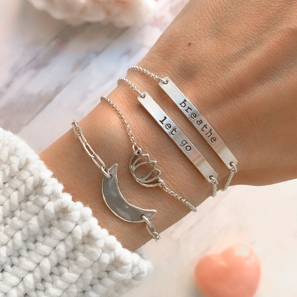 Mantra Bar bracelets lotus crescent moon on silver chain on wrist - Blooming Lotus Jewelry