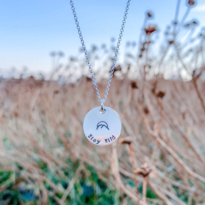 Mini Mantra Coin Disc Necklace - Stay Wild - Mountains - silver personalized hand stamped - Blooming Lotus Jewelry