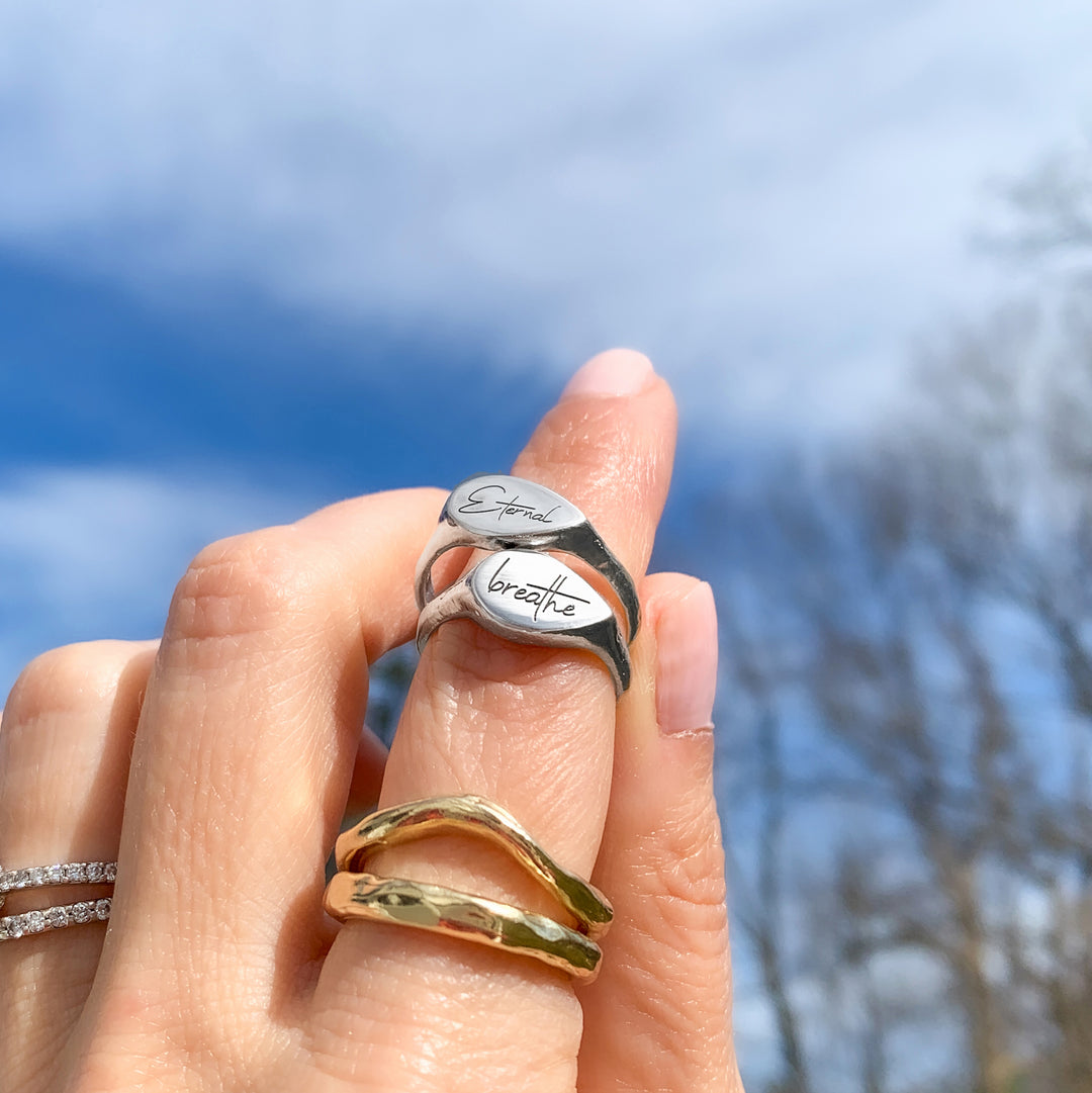 Personalized Mantra Signet Rings silver on finger engraved with Eternal and breathe - Blooming Lotus Jewelry