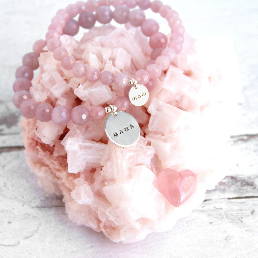 Rose Quartz bracelets with Mom and Mama silver charms on pink crystal - Blooming Lotus Jewelry