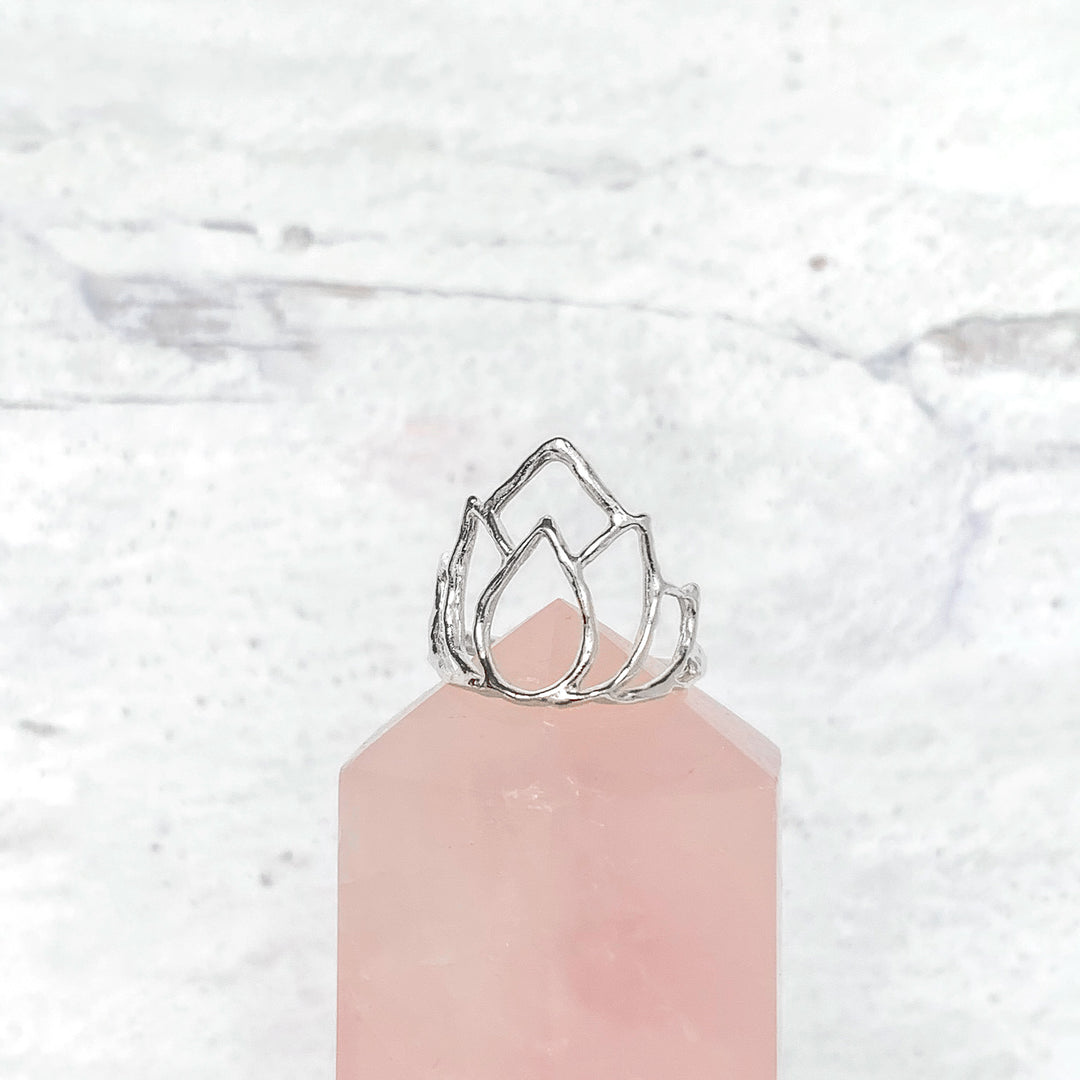 Large Lotus Ring Silver on Rose Quartz Crystal - Blooming Lotus Jewelry